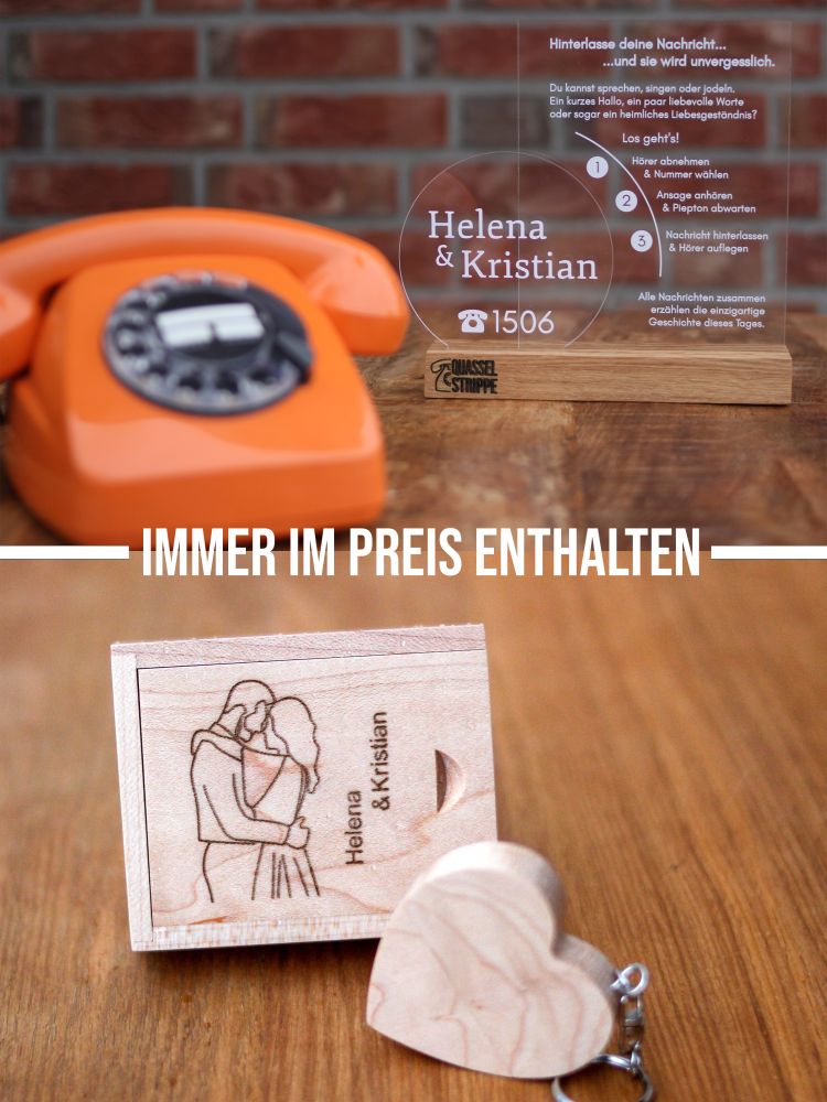 Ein personalisiertes Acryl-Schild und ein gravierter USB-Stick sind immer im Preis enthalten. Ein personalisiertes Acryl-Schild und ein gravierter USB-Stick sind immer im Preis enthalten.